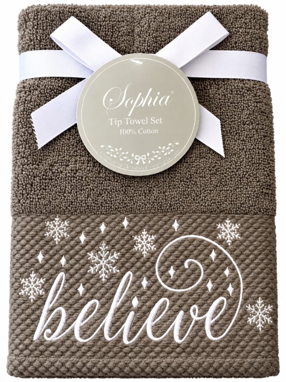 Christmas Believe Fingertip Towels Set of 2 Embellished Embroidered Gray White